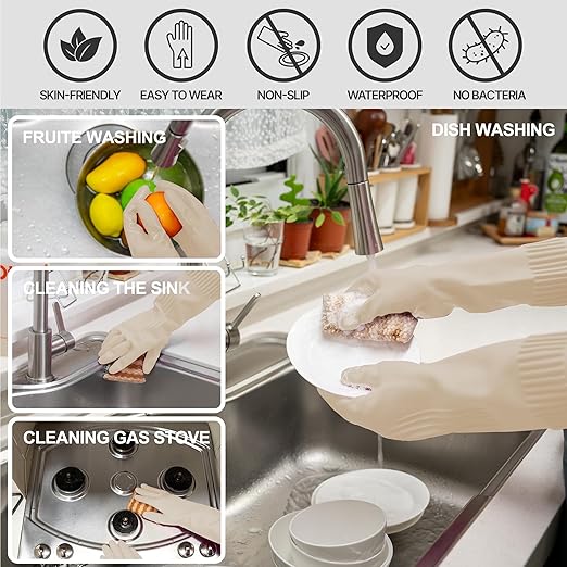 DABOGOSA Mamison 2 Pairs Reusable Waterproof Household Dishwashing Cleaning Rubber Gloves, Non-Slip Kitchen Glove (Ivory, XL (Pack of 2))