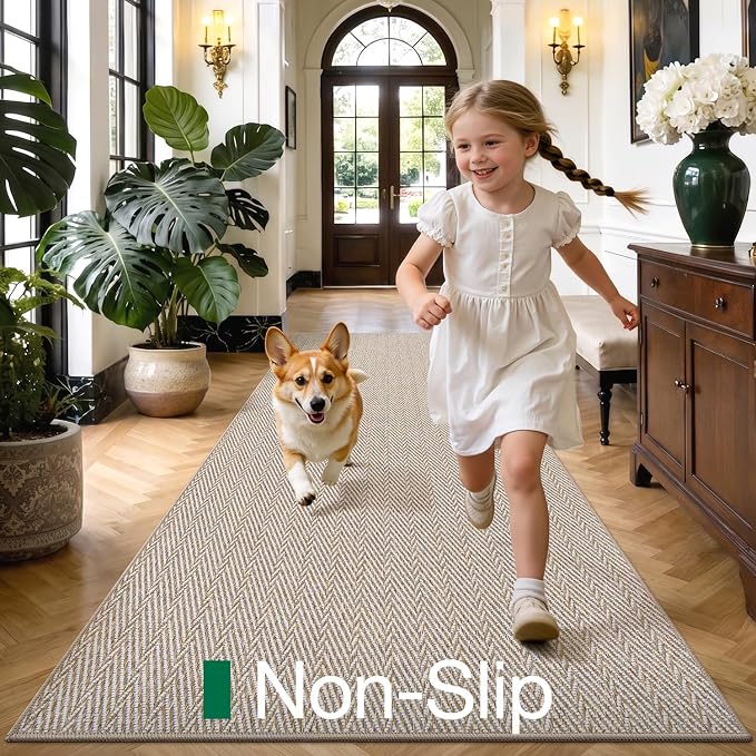 LUMI Ultra Thin Runner Rug for Hallway 2'x8', Non-Slip Entryway Rug with Rubber Backing, Unique Herringbone Design for Hallway, Entry, Kitchen, Patio, Beige