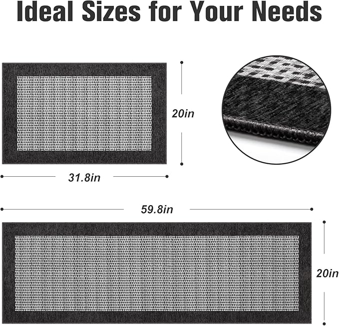 StepRite Kitchen Mats for Floor, Non-Slip Kitchen Rugs Set of 2 PCS, Super Absorbent Washable Kitchen Mats with Rubber Backing, Runner Mats for Front of Sink (20"x32"+20"x60" Black)