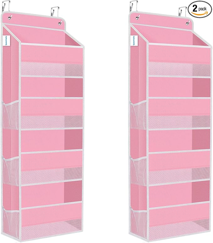 SpaceHacks 2 Pack Over The Door Organizer Hanging Storage Organizers with Clear Window 40lb Large Capacity Room Organizer for Pantry Laundry Bathroom Nursery Closet(Pink)