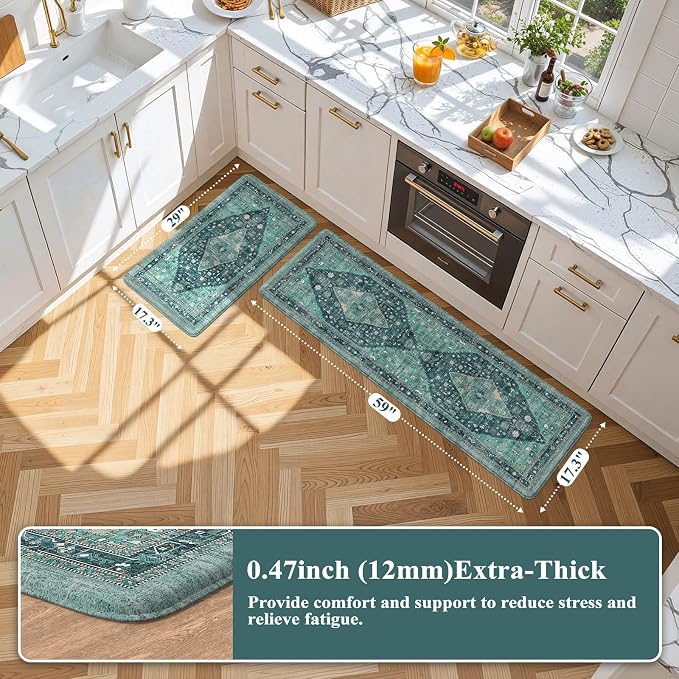 Collive Farmhouse Anti Fatigue Kitchen Mat, Cushioned Kitchen Rug Sets of 2 Waterproof Non Slip Kitchen Floor Mats Ergonomic Comfort Standing Mat for Laundry, Office, Sink, Desk, Teal/Multi
