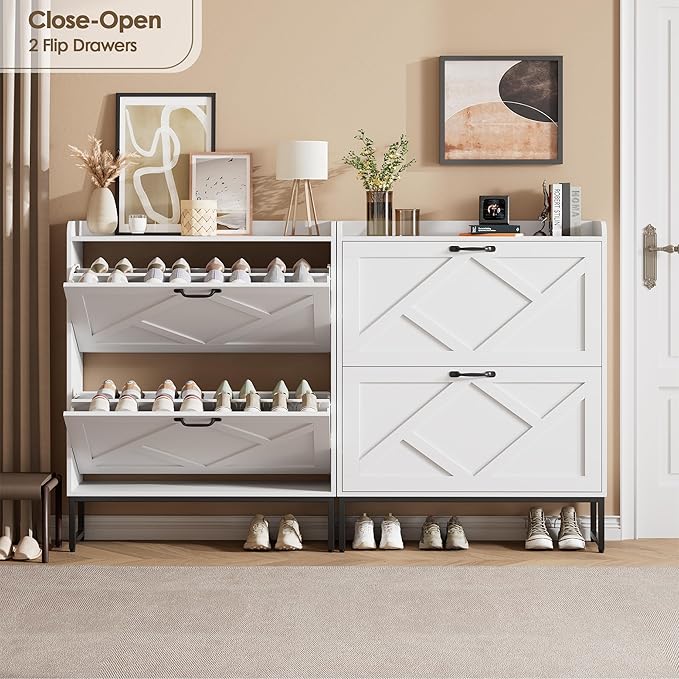 Nicetree Shoe Cabinet with 2 Flip Drawers, Freestanding Shoe Organizer, Shoe Cabinet with Metal Legs, Narrow Shoe Rack Cabinet for Entryway, Foyer, Hallway, White