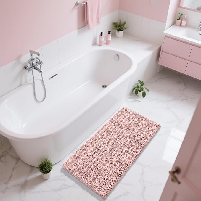 Yimobra Long Bathroom Rugs Non Slip Washable 44x24 Inch - Ultra Soft Absorbent Chenille Bath Mat, Quick Dry Shaggy Floor Carpet for Tub Shower, Light Pink Home Decor Accessories