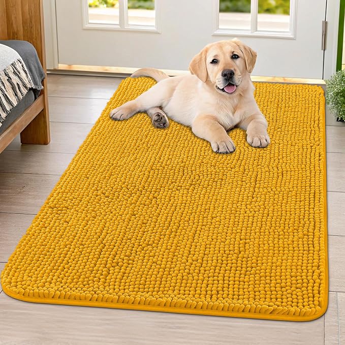 Smiry Dog Door Mat for Muddy Paws 40x32, Absorbent Dirt Trapper, Non-Slip Washable Chenille Entryway Rug for Inside Floor, Golden Yellow, Classic Solid