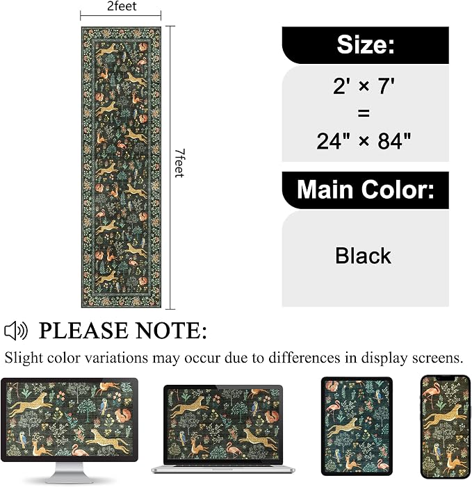 DUKINO Runner Rug, 2x7 Washable Kitchen Rugs for Hallways with Non Slip Backing, Soft Low Pile Vintage Animal Runner for Kitchen, Hallway, Entryway, Laundry, Bedroom, Black