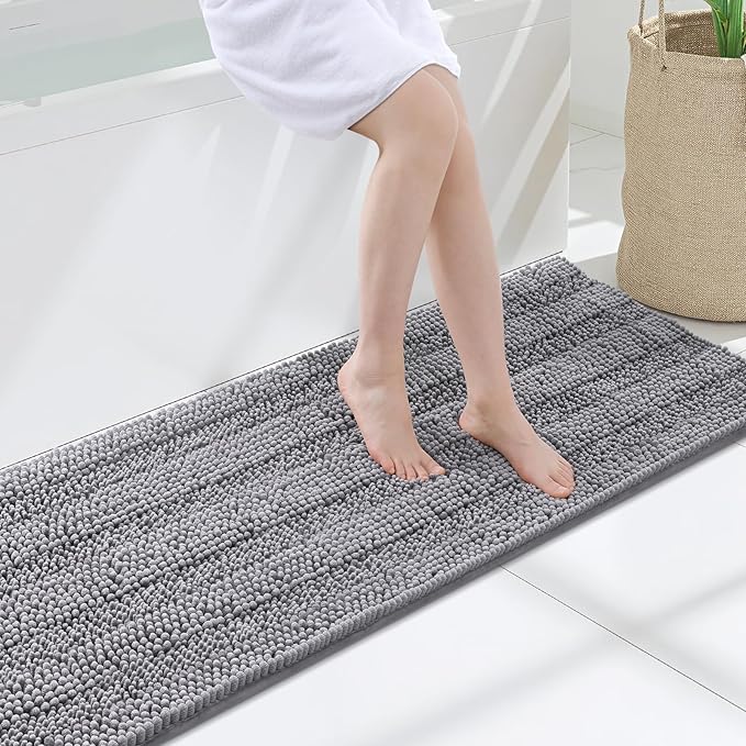 Grandaily Chenille Striped Bathroom Rugs 47x17, Extra Thick and Soft Absorbent Bath Mats, Rubber Backing, Plush Shaggy Shower Carpet, Machine Wash Dry, Bath Rug for Bathroom, Grey