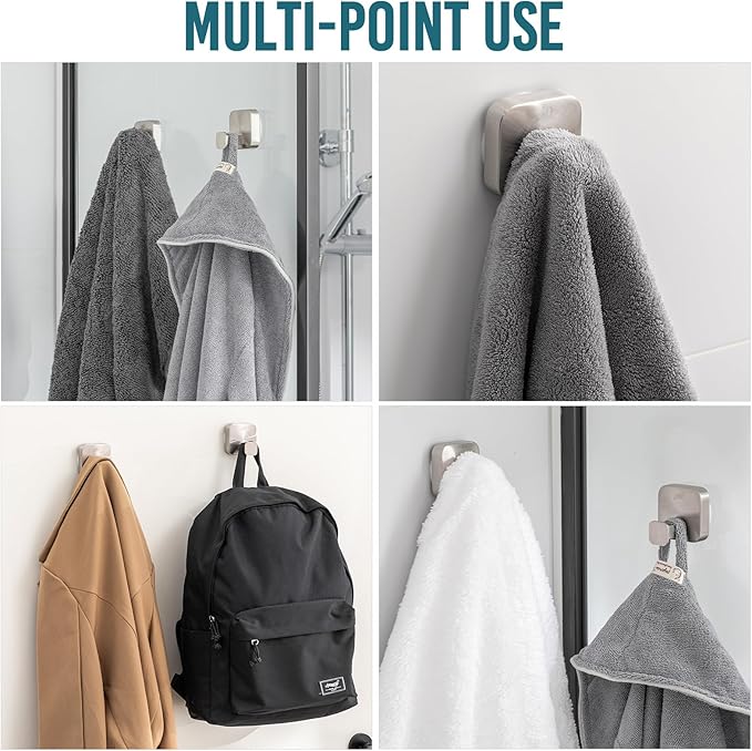 TAILI 304 Stainless Steel Bathroom Suction Hook for Towel, Loofah, Bathrobe, Patented Strong Suction Cup, Damage-Free Hanging Glass Shower Wall Hook, Hold Up to 11 Lbs, 2 Pack, Modern Square, Silver