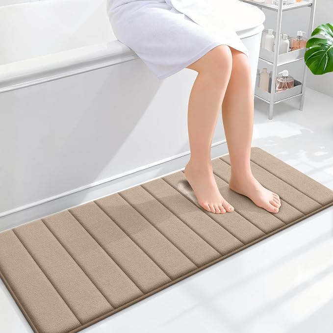 OLANLY Memory Foam Long Bathroom Rugs Runner 47x17, Super Soft Absorbent Bath Mat, Quick Dry, Machine Washable Shower Floor Rugs, Bathmat Carpet, Bathroom Home Decor Accessories, Tan