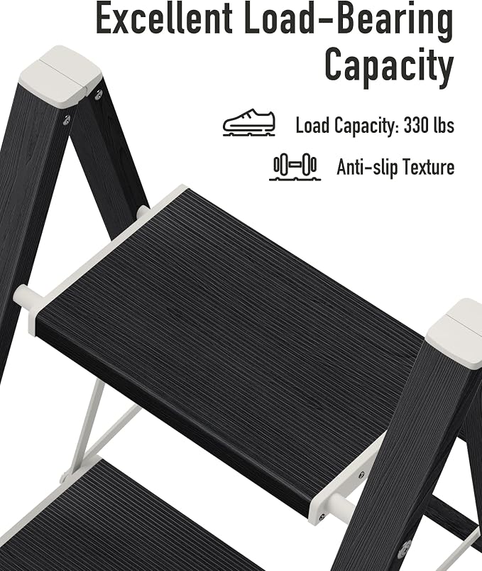 Mayi Plus 2 Step Ladder,Aluminum Folding Step Stool for Adults,Step Ladder with Wide Anti-Slip Pedal,330 lbs Capacity for Home,Kitchen,Library,Office(Ebony Woodgrain)