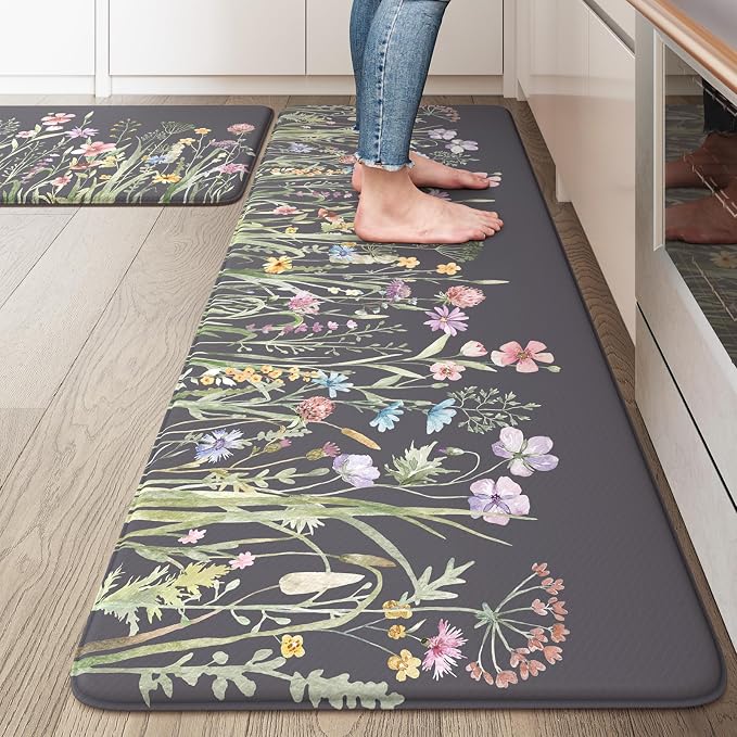 KIMODE Anti Fatigue Kitchen Mats for Floor, 20"x47"+20"x32" Farmhouse Kitchen Rugs Sets of 2, Padded Kitchen Floor Mats, Comfort Standing Mats for Sink, Laundry, Office, Desk Dark Grey/Purple