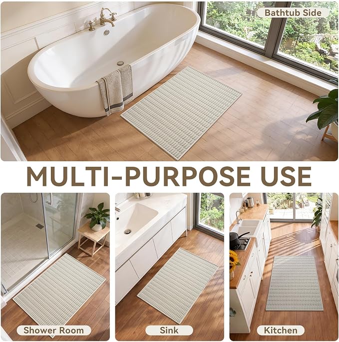 Non-Slip Bath Mat with Rubber Backing, Washable Thin Bath Mats for Bathroom Floor, Absorbent Bathroom Rugs, Quick Dry, Fits Under Door Beige 16x24