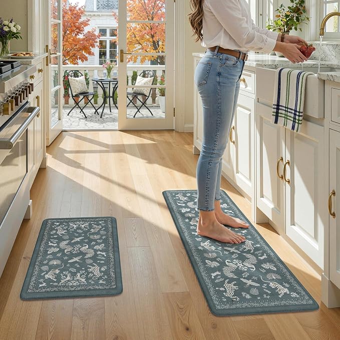 LEEVAN Anti Fatigue Mats for Kitchen Floor Non-Slip, Cushioned Kitchen Mats for Floor 2 Piece, Blue Memory Foam Kitchen Mat Set, Waterproof Ergonomic Standing Mat for Bar, Office,Desk, Laundry