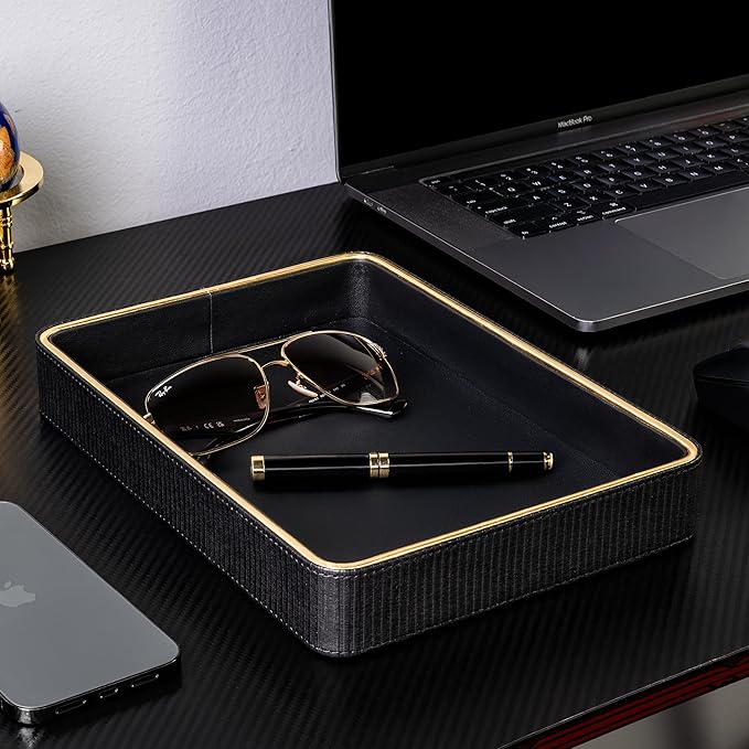 Leather Catchall Valet Tray for Men| Mens Valet Catch All Trays| Bedside Organizer for Nightstand| Cologne Tray for Men| Desk Trays Leather Tray Organizer (Black)