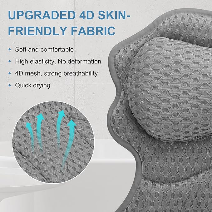 SetSail Bath Pillow, Relaxing Bath Pillows for Tub Neck and Back Support Soft 4D Breathable Air Mesh Ergonomic Bathtub Pillow with 6 Strong Suction Cups and Hook Luxury Bathroom Accessories,Grey