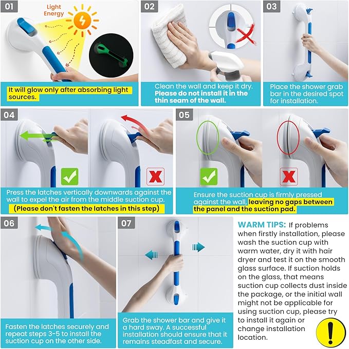 TAILI Shower Grab Bar Glow in The Dark, 2 Pack 16.8 in Grab Bars for Bathtubs and Showers,Shower Handles Rails for Seniors and Elderly,Bathroom Safety Grip Removable No Drilling Waterproof Blue,G9