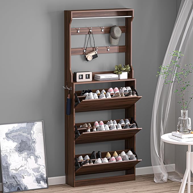 BORNOON Shoe Cabinet with 3 Flip Drawers & Coat Rack, Narrow Hidden Shoe Storage Cabinet, 2-in-1 Hall Tree Slim Freestanding Shoe Rack Organizer for Entryway, Hallway, and Living Room