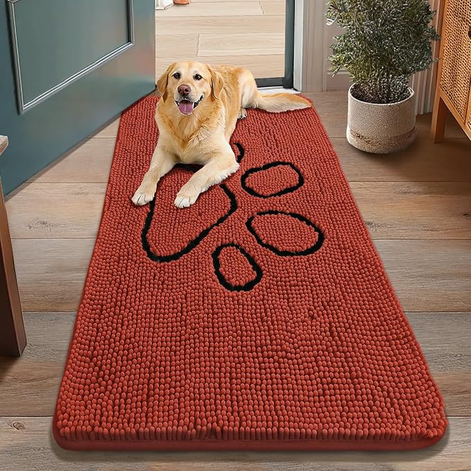 Smiry Dog Door Mat for Muddy Paws, Absorbent Dirt Trapper Non Slip Quick Dry Washable Chenille Mat for Mud Dogs, Entry Rug for Indoor and Outdoor (48x30 Inches, Maple Red and Black)