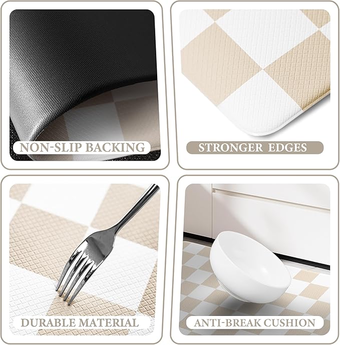 Scalloped Cream Checkered Grid Checkerboard Kitchen Rug Sets [2 PCs], Anti-Fatigue, Waterproof Non-Slip Kitchen Mats Heavy Duty Ergonomic Comfort Foam Rug for Floor, Home, Laundry,17"x29"+17"x47"
