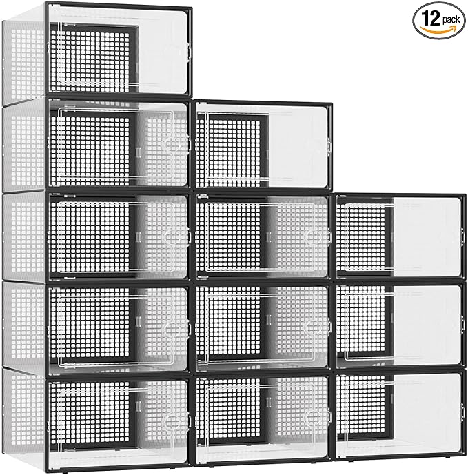 Kuject XXX-Large Shoe Storage Boxes Organizers Clear Plastic Stackable 12 Pack, Shoe Rack & Holder Substitute, Sneaker Containers, Toy Storage Organizer Bins for,Closet, Under Bed, Black(No Fold Line)