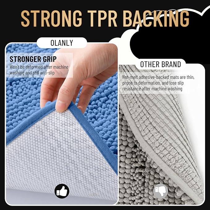 OLANLY Thick Bathroom Runner Rugs 59x20, Absorbent Chenille Striped Bath Rugs, Rubber Backing, Machine Wash, Extra Long Bath Mats for Bathroom, Tub and Shower, Home Decor Accessories, Cornflower Blue