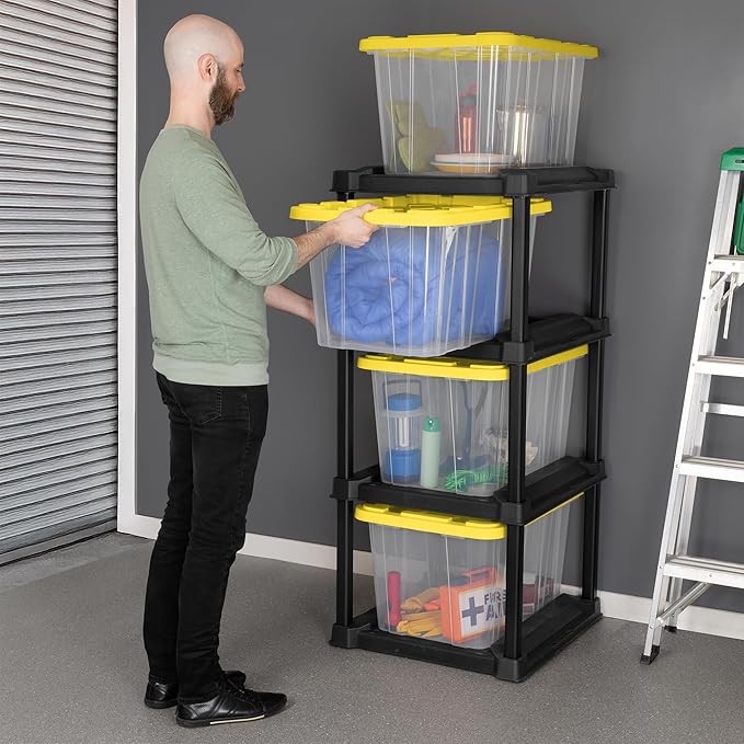 Sterilite 4-Tier Tote Rack & 4-Pack 27 Gallon Storage Box, Shelf and Tote Organizers - Plastic Shelving Unit and Container Bins for Bathroom, Garage, Pantry, Bookshelf, and Bedroom Organization