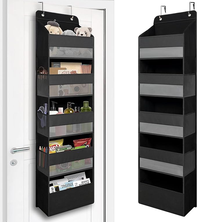 TYMENSH Black Over Door Organizer with 5 Large Clear Pockets and 6 Side Mesh Pockets, Anti-Tilt Hanging Door Storage for Closet, Bathroom, Nursery, Bedroom, Dorm, Toys, Cosmetics