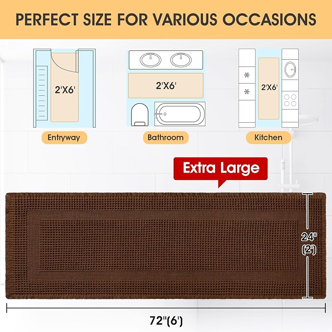 Extra Large Waffle Bath Mat, Boho Woven Modern Bath Rug Absorbent Non Slip, Ultra Soft Bathroom Mats, Machine Washable Knit Bath Rugs with Tassels for Bathroom, Bedroom, Kitchen, Shower, 6'x2', Brown