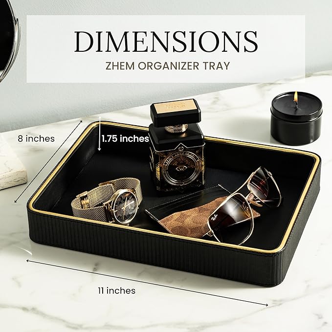 Leather Catchall Valet Tray for Men| Mens Valet Catch All Trays| Bedside Organizer for Nightstand| Cologne Tray for Men| Desk Trays Leather Tray Organizer (Black)
