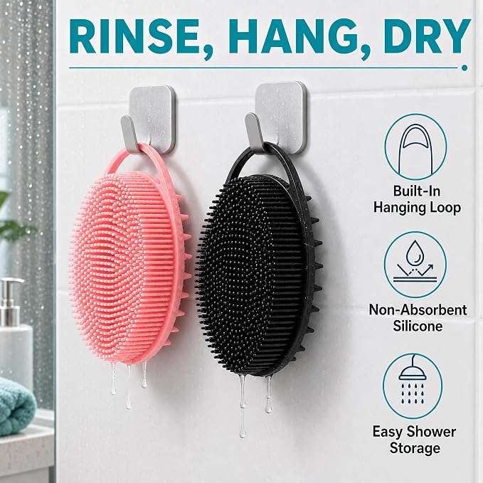 2 Pack Silicone Body Scrubber, Loofah Double-Sided Body Brush,Shower Scrubber and Scalp Massager Shampoo Brush for Sensitive Kids Women Men All Kinds of Skin (Black & Pink)