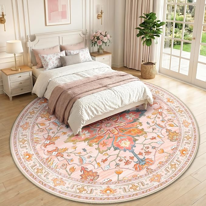 RELEANY Area Rugs Round 10ft Washable Non-Slip, Floral Vintage Distress Medallion Carpet for Living Room Bedroom Dining Room, Light Pink Colorful