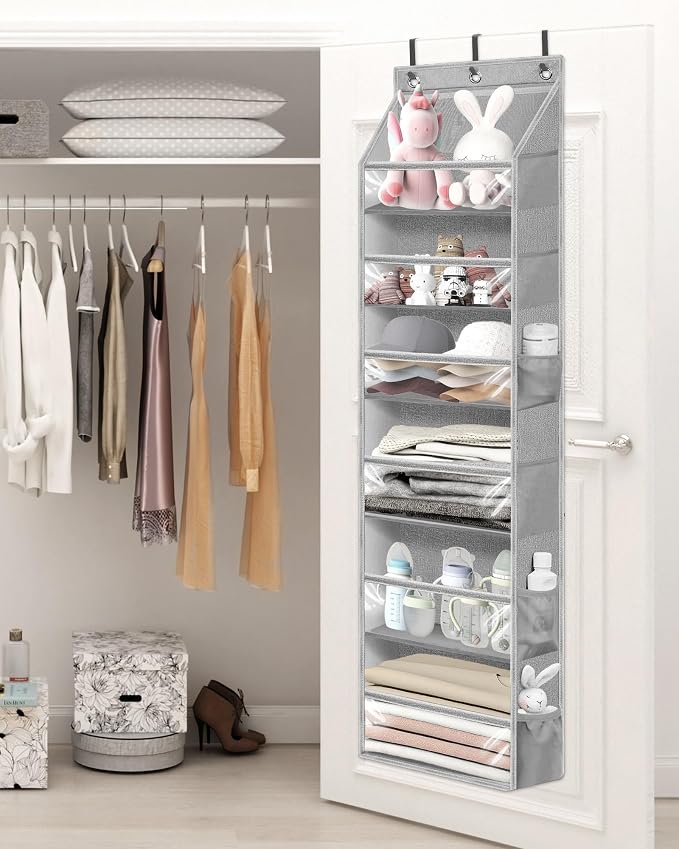 STORAGE MANIAC Over the Door Organizer 6-Shelf Closet Hanging Storage with 14 Mesh Pockets, 66lbs Capacity Clear Deep Pockets Behind Door Storage for Nursery, Bathroom, Bedroom, 1 Pack Grey
