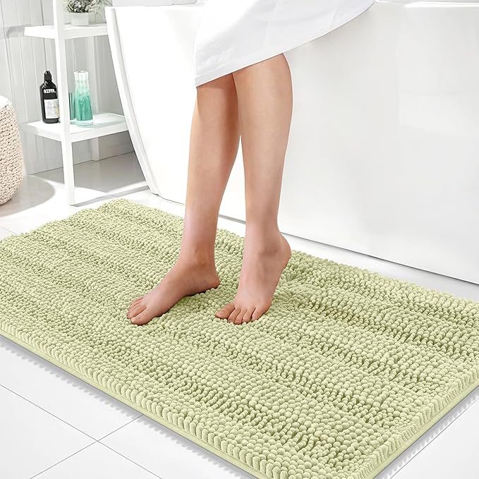 OLANLY Thick Bathroom Runner Rugs 44x24, Extra Absorbent Chenille Striped Bath Rugs, Rubber Backing, Machine Wash Dry, Long Bath Mats for Bathroom, Tub and Shower, Home Decor Accessories, Vanilla