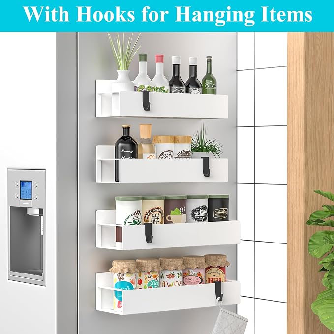 HuggieGems 4 Pack Magnetic Spice Storage Rack Organizer for Refrigerator and Oven, White Fridge Organizers and Storage