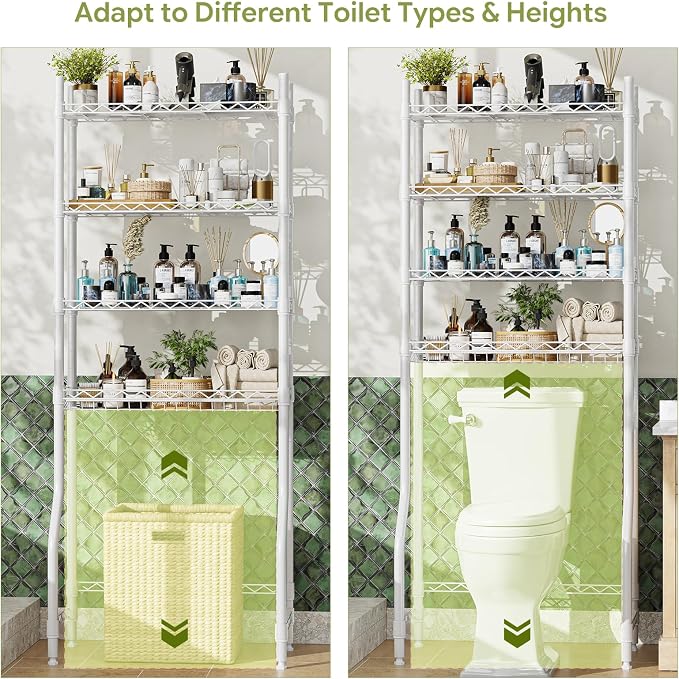 Simple Trending 4 Tier Over The Toilet Storage Rack, Bathroom Organizers and Storage Over Toilet with Adjustable Shelf and Basket, White