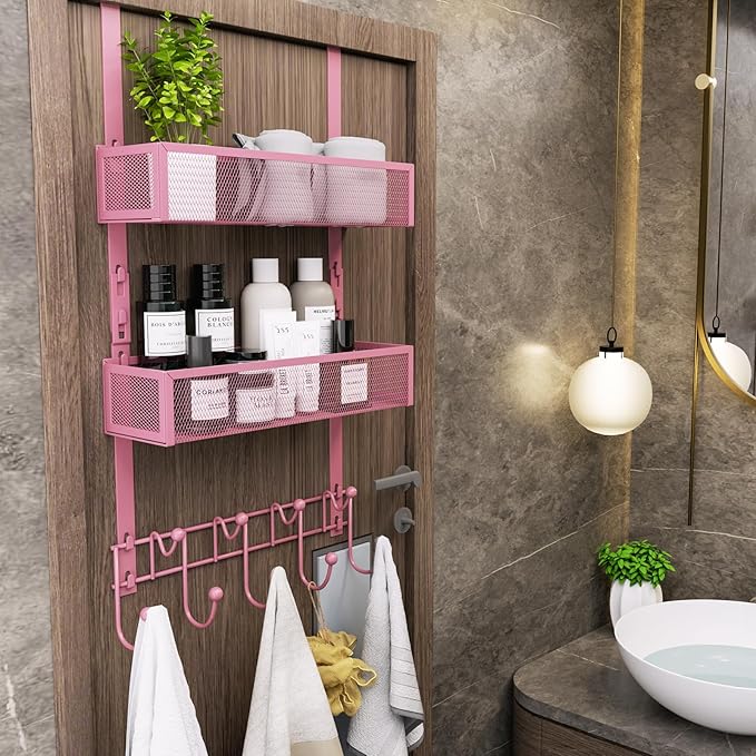 Consumest Over The Door Hooks Organizer - 3 Tier Door Hanger with 9 Coat Hooks & 2 Mesh Basket, Back Storage Organizer Hanging Towels for Bathroom, Bedroom, Pink