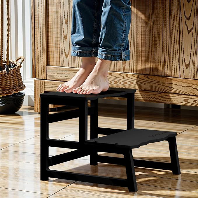 COSYLAND Toddler Step Stool with Armrest – Wooden Helper for Bathroom Sink, Potty, Kitchen, Bedroom – 300 lbs Load Capacity Ladder with Removable Anti-Fall Side Frame – Black