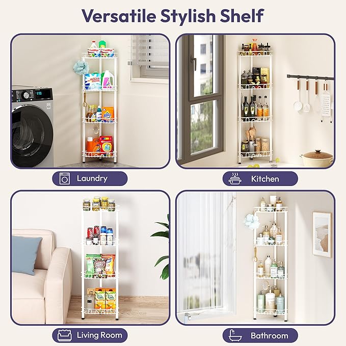 SWTYMIKI Standing Shower Caddy Corner - 4‑Tier Stainless Steel Shower Organizer Shelf with 16 Hooks and Adhesive Pads, Rustproof Corner Shelves Stand Rack for Bathroom Shower Room, white