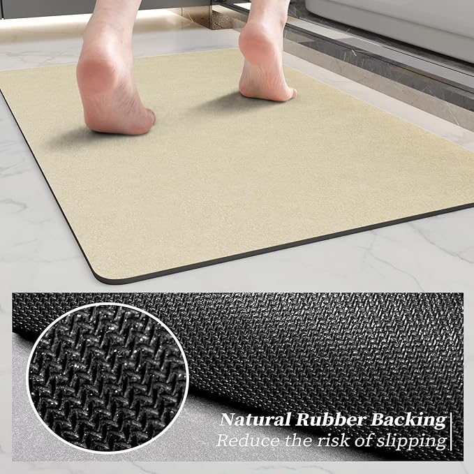 Quick Dry Super Absorbent Bathroom Mat Set 2 Piece - Diatomaceous Earth Bath Rug With Rubber Backing Non-Slip for Shower Floor, 47x17 + 24x17, Beige