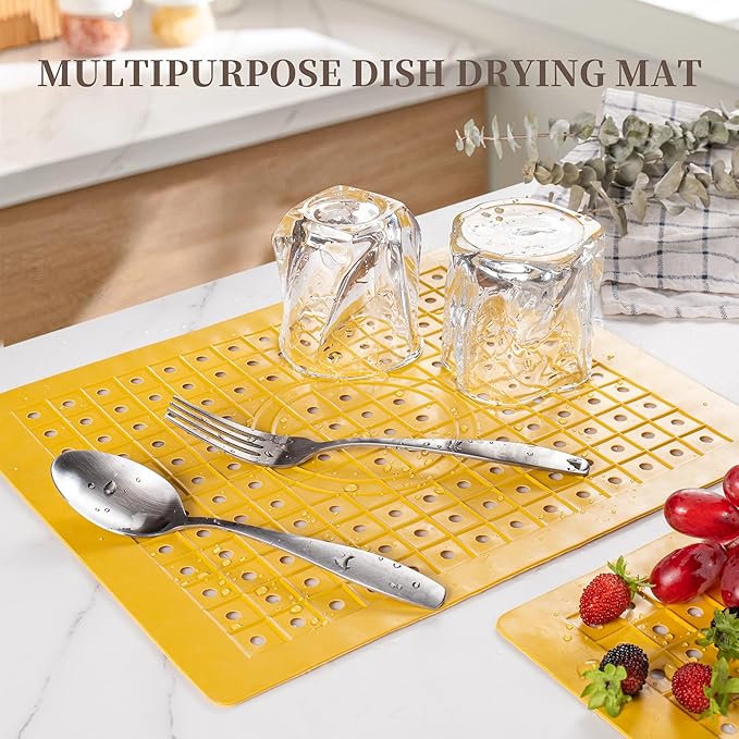 WILLKOMMEN Kitchen Sink Mat, 12" x 10" Rectangular Sink Protector Pad, Fast-Draining Grid Design Liner, Dish Drying Mat 2 Pack Yellow