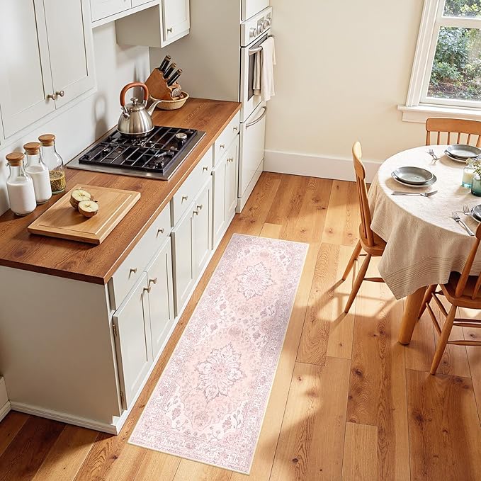 RELEANY Area Rugs Runner 2'x5' Washable Non-Slip, Floral Vintage Distress Medallion Carpet for Kitchen Hallway Bedroom Beside Laundry Room Bathroom, Pink Greypink Cute
