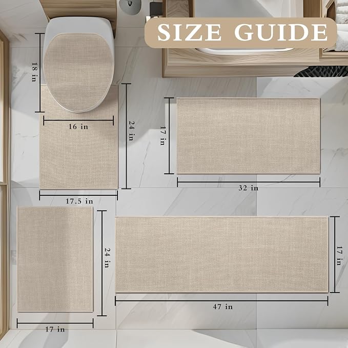 YIHOUSE Beige Bathroom Rug Sets 5 Piece, Absorbent Bath Mat for Bathroom Non Slip Washable, Bath Room Mat Quick Dry, Thin Bath Rug Set for Toilet and Floor