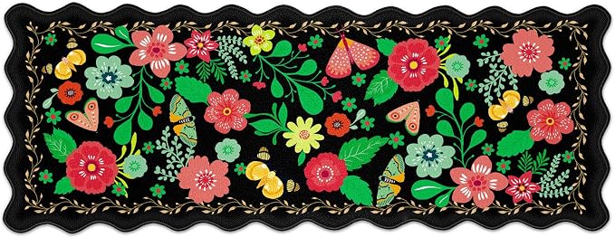 Arenarug Scalloped Black Kitchen Mats for Floor Cushioned Anti Fatigue Kitchen Mats Rugs Waterproof Non Slip Farmhouse Boho Floral Comfort Foam Standing Mat for Sink Laundry, 17.3x47
