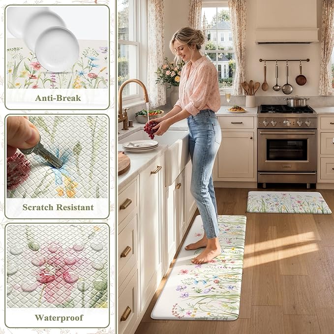 KIMODE Anti Fatigue Kitchen Mat for Floor, Farmhouse Floral Kitchen Rugs Sets of 2, Kitchen Floor Mats Non-Slip, Cushioned Standing Mat for Sink, Laundry, Desk, Home White 17"x47"+17"x29"