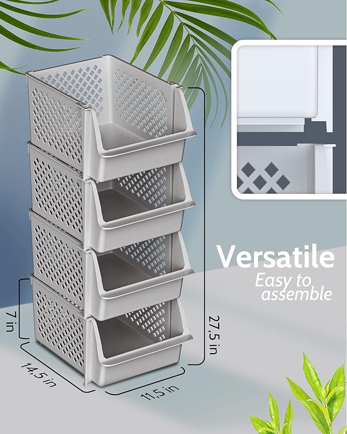 TidyFriend 4 Pack Stackable Storage Bins Open Front for Pantry Organizers and Storage, Pantry Storage for Food, Kitchen and Home Organization, Plastic Storage Bins, Dorm Room Essentials (Light Grey)