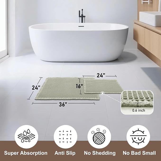 JIUZHEN Set of 2 Waffle Bath Mats Super Absorbent Boho Bath Rugs Non Slip Washable Bathroom Rugs Ultra Soft Machine Washable Shower Mats for Bathroom Floor, Tub, 16" x 24" +24" x 36", Sage Green