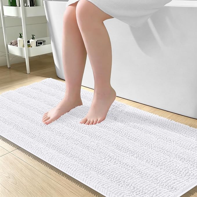 OLANLY Thick Large Bathroom Rugs 50x30, Extra Soft Absorbent Chenille Striped Bath Rugs, Rubber Backing, Machine Wash Dry, Bath Mats for Bathroom Floor, Tub and Shower, Home Decor Accessories, White