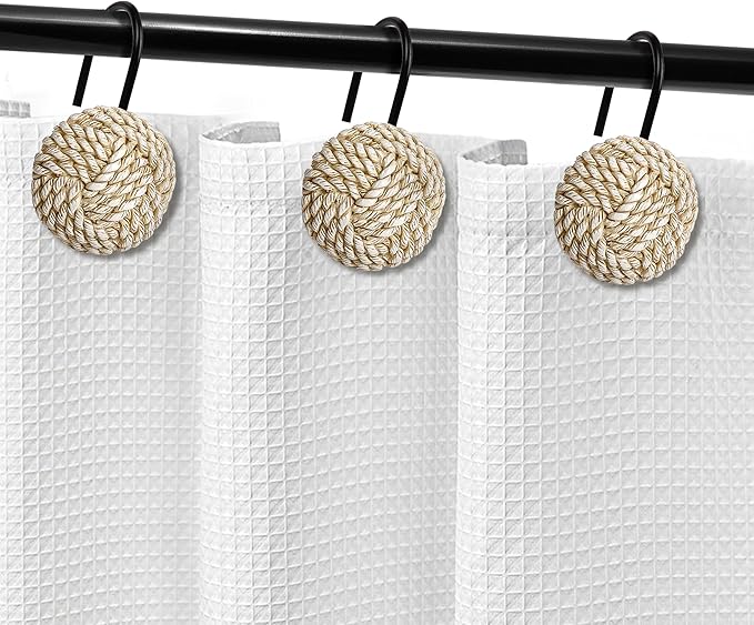 Sunlit Boho Knots Shower Curtain Hooks, Home Decorative Shower Curtain Rings with Black Hooks for Bathroom, Seaside Nautical Shower Curtain Hangers Bathroom Accessories, Set of 12