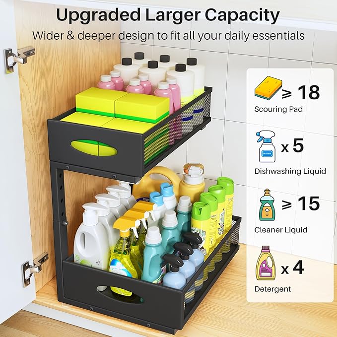 Under Sink Organizer, 2 Tier Pull Out Under Cabinet Organizer Shelf with Pad for Framed Cabinets, Metal Slide Out Under Sink Storage, Mesh Sliding Drawers for Kitchen Bathroom Laundry(Black, 1 Pack)