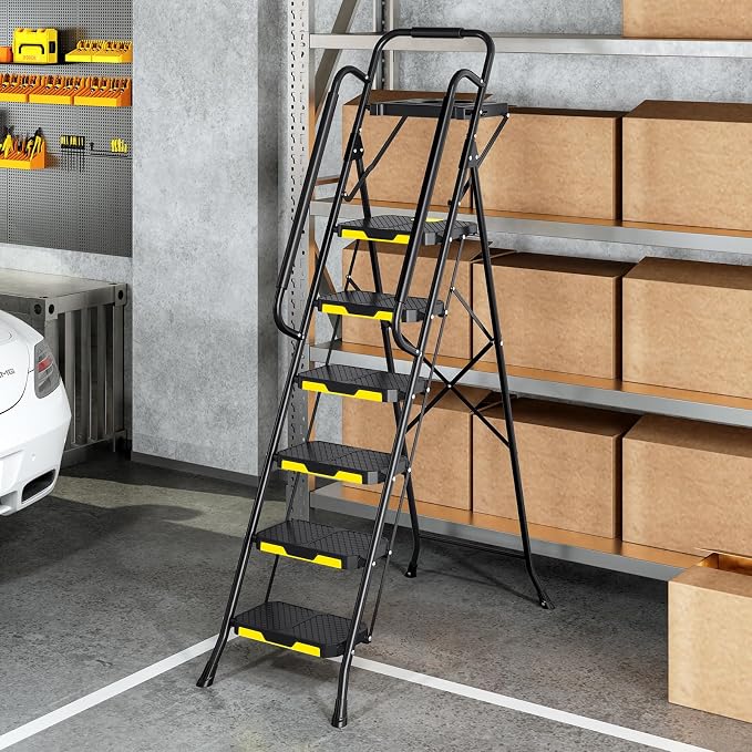 Urackify 6 Step Ladder, Folding Ladder for Multi-Purpose, Home, Kitchen, Heavy Sturdy Steel Portable Step Stool with Handrail, Safe-Lock Design, Anti-Slip Wide Pedals, Pass 500lbs Load Testing, Black