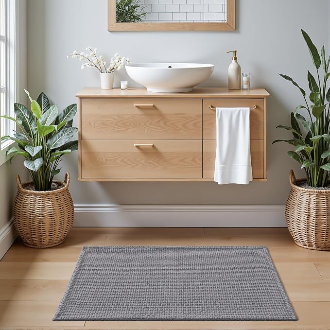 DEXI Bathroom Rugs 24x16, Non Slip Washable Bath Mat, Absorbent Chenille Bathmat, Ultra Soft Thick Carpet for Tub Shower Floor, Grey